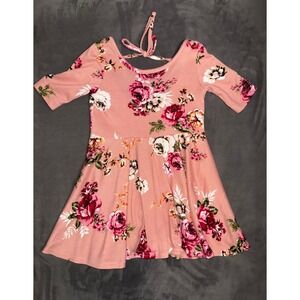Ricrac & Ruffles Girls Pink Floral Open Tie Back Skater Dress 4T Kids Rose Print